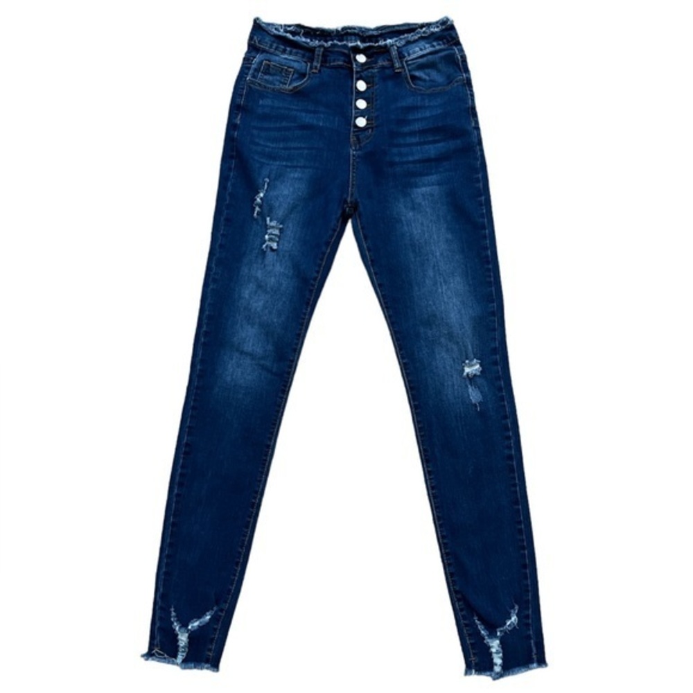 SHEIN Women's Stretch High Rise Frayed Hem Distressed Button Fly Skinny Jeans M
